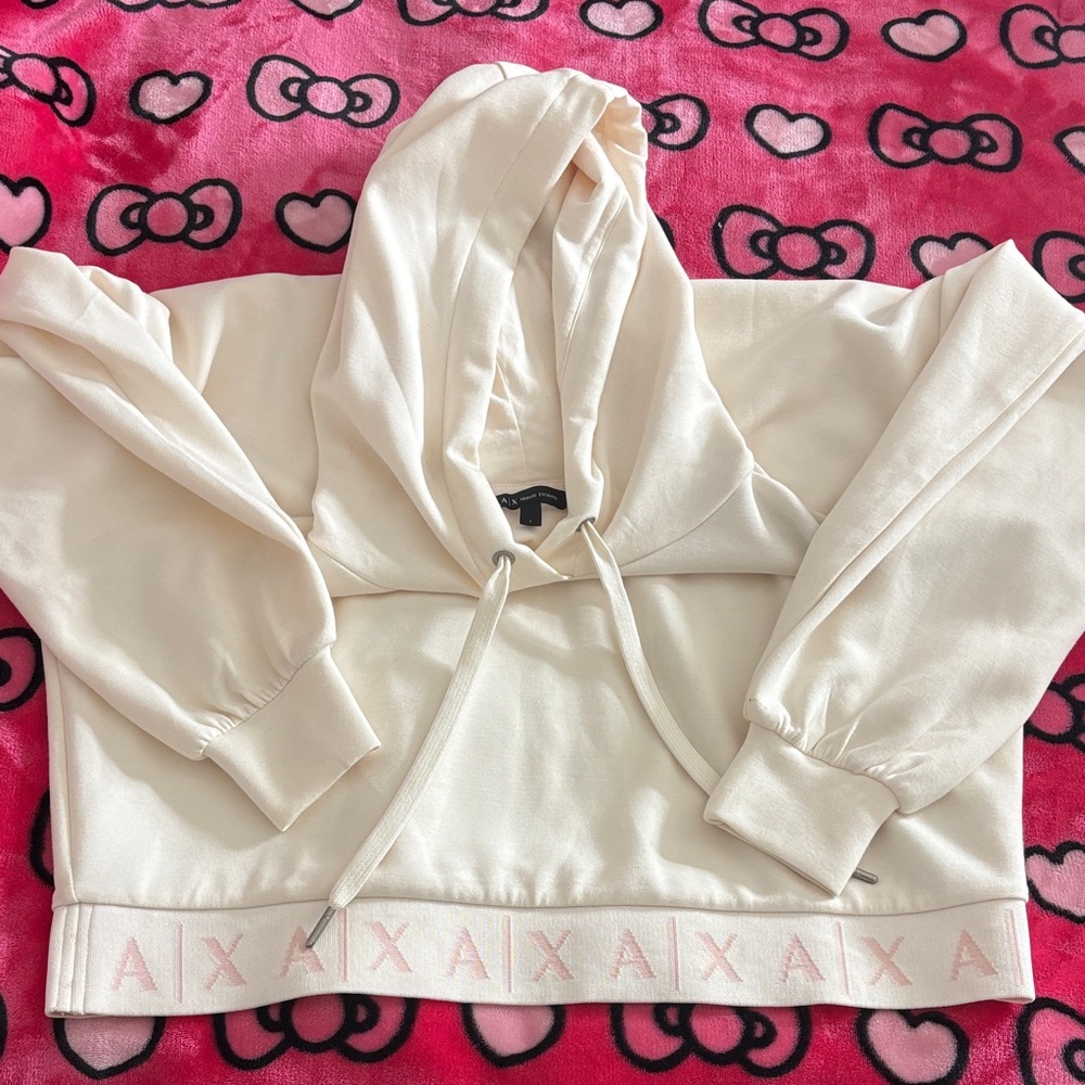 Cream Armani Hooded Sweatshirt with Logo Detail